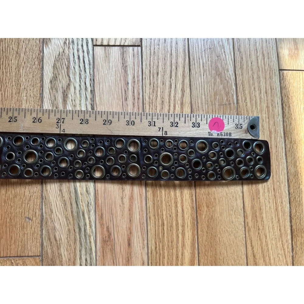 Vintage Y2K Brown Leather Multi Grommet Eyelet Wide Belt Antique Brass Steampunk